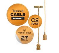 2 Pack Vintage E27 Pendant Light French Gold Hanging Ceiling Light Fitting Kit with Twisted Fabric 2m Cable & Rose Industrial Retro Pendant Lamp for Kitchen, Bar & Dining Room