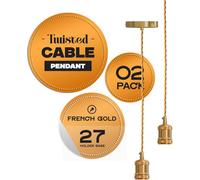 2 Pack Vintage French Gold E27 Pendant Light Kit With 2M Twisted Fabric Cable & Ceiling Rose Industrial Hanging Ceiling Lights