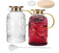 2 Pack Vintage Glass Pitchers with Lid, 68oz/ 2 Liter Glass Water Pitcher with Handle and Lid for Fridge, Iced Tea, Coffee, Borosilicate Glass Carafe for Hot/Cold Brew Drink