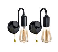 2 Pack Vintage Wall Light with Pull Cord Switch Metal Iron Wall Sconce Light Fixture Industrial Retro Wall Wash Lights E26 Indoor Sconce for Restaurant Living Room Bedroom Office Lamp,Black