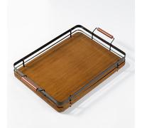 2 Pack Vintage Wooden Serving Tray with Metal Handles - Rustic Farmhouse Decorative Tray for Coffee Table Centerpiece & Home Décor - Black 40x30cm