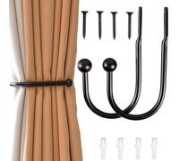 2-Pack Wall Mounted Curtain Tiebacks - Complete Drapery Holdback Hooks Kit with Screws & Anchors for Classic/Modern Window Treatments (Black) (Anchor color random)