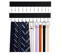 2 Pack Wall Mounted Tie and Belt Rack - Black Wooden Hangers with 28 Swivel Hooks for Organising Belts, Ties, Scarves, Jewellery, Space Saving Storage for Wardrobe, Closet, Bedroom. Including fixings
