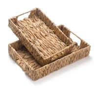 2 Pack Water Hyacinth Tray with Handles, Rectangular Wicker Serving Tray, Woven Serving Basket for Coffee Table, Bathroom, Living Room, Kitchen