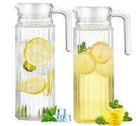 2 Pack Water Jug with Lid, 1.1L Acrylic Pitcher, Transparent Juice Jug, Fridge Door Container with Lid & Handle, Water Pitcher for Milk Juice Iced Tea Lemonade