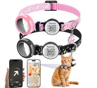2-Pack Waterproof Breakaway Cat Collars with Moons & Stars Design - Adjustable Apple AirTag Holder & QR Code Safety Tracker for Cats & Kittens with Smart ID tag/NO APP(Black & Pink)
