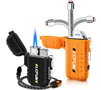 2 Pack Waterproof Lighters, Windproof Torch Lighter Butane Refillable, Electric Dual Arc Plasma Lighter with Flashlight and Whistle, Tactical Survival Gear Gadgets for Men - Black & Orange