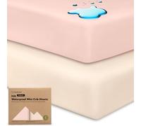 2-Pack Waterproof Pack and Play Sheets, Mini Crib Sheets Fitted for Boy, Girl - 38 x 26 Viscose from Bamboo Pack N Play Mattress Sheets for Graco, Toddler Playard Baby Crib Sheets Neutral (Cameo)