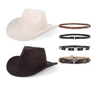 2 Pack Western Cowboy Hats for Women and Men Classic Felt Wide Brim Costume Cow Boy Hat Roll Up Brim Cowgirl Hat, White+coffee2, One Size Fit Most (22" to 23.2")