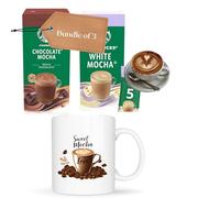 2 Pack White and Chocolate Mocha Coffee Bundle - 2 x 5 Sachets and a Ceramic Mocha Design Cup Gift Set for Coffee Lovers, Perfect for Home, Office, Christmas, Birthday & Thank You Gifts