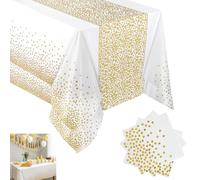 2 Pack White and Gold Disposable Tablecloths 54x108 Inch with 20 Napkins - Waterproof Plastic Table Covers for Baby Shower, Birthday Party, Wedding, Christmas, Communion & Elegant Party Decorations