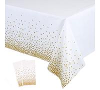 2 Pack White and Gold Tablecloth for Rectangle Tables Gold Dot Disposable Tablecloths Plastic Tablecloth Party Table Covers for Birthday Thanksgiving Christmas Wedding Outdoor BBQ (White, 54" x 108")
