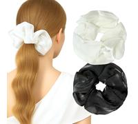 2-Pack White & Black Sheer Organza Scrunchies - Glossy Oversized Hair Ties & Bobbles for Women & Girls, Elegant Korean Silky Hair Accessory for Party, Bridal, Gift, All Hair Types