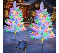 2 Pack White Christmas Tree Outdoor,Solar Powered Christmas Trees with 60 LED C6 Christmas Lights,Pre-lit Small Artificial Xmas Tree for Yard Porch Walkway Pathway Grave Cemetery Christmas Decorations