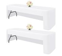 2 Pack White Fitted Table Cover, Open Back Polyester Tablecloth for 8ft Rectangular Folding Table, Washable Fabric and Wrinkle Resistant Tablecloths for Party, Wedding, Banquet, Trade Show