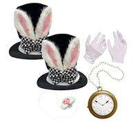 2 Pack White Rabbit Costume - Cute Bunny Ear Topper with Plush Hat, Clock, Gloves & Rabbit Nose on Elastic, Velvet Bunny Ear Top Hat for Easter Parties, Halloween Costumes, Cosplay Accessory, Carnival