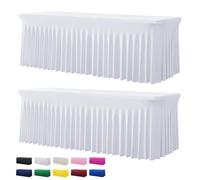 2 Pack White Spandex Tablecloths for 8 Foot Rectangle Tables, Wrinkle Free Stretchy Table Cloth 8ft Fitted Table Cover Desk Skirt for Parties Weddings Birthday Banquet Baby Shower