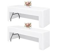 2 Pack White Table Cover for 6 Foot Tables, Open Back Fitted Tablecloth 6ft Rectangle Folding Table Cover, Washable Fabric Trade Show Table Cover Craft Show, Display, Parties, Wedding, Events