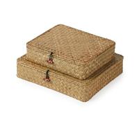 2 Pack, Wicker Baskets with Lids, Nautral Seagrass Storage Baskets, Woven Rectangular Basket Bins, Rattan Storage Organizer for Shelf (Caramel (Set of 2))