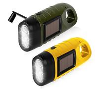 2 Pack Wind Up Torch Hand Crank LED Rechargeable Portable Solar Powered Torch Super Bright Emergency Light with Carabiner Hook for Camping Climbing Hiking Outdoor Survival Gear Army Green+Yellow