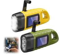 2 Pack Wind Up Torch Solar Powered, LED Hand Crank Flashlight with Carabiner Clip, Small Emergency Dynamo Torches for Camping, Hiking, Survival Gear & Power Cuts, No Batteries Needed (Green/Yellow)