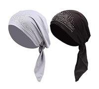 2 Pack Woman's Chemo Hat Crystal Pleated Stretchy Turban Cap Beanie Bandana Skull Cap Ethnic Head Wrap Hat Headscarf for Cancer Patients,Alopecia Hair Loss