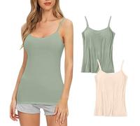 2 Pack Women Camisole Tops with Built-in Shelf Bra, Casual Cami Undershirts, Comfy Sport Bra Tank Tops, Spaghetti Strap Yoga Tops