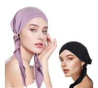 2 Pack Women’s Chemo Hats UK, Soft Combed Cotton-Stretch Turbans for Women, All-Day Comfort Chemo Headwear for Hair Loss, Stylish Head Coverings for Women Cancer Patients (Black & Purple)