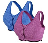 2 Pack Women Sports Bras High Impact Seamless Wireless Padded Yoga Bralette, Zip Front Fastening Workout Running Gym Top Bra (Blue Purple, XL)