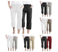 2 Pack Women Three Quarter Trousers UK Clearance Ladies Cotton Linen Cropped Capri Pants Elasticated Waist Bottoms Drawstring Shorts with Pockets Summer Sweatpants Loose Fit Joggers Lounge Activewear