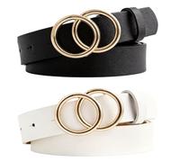2 Pack Womens Belt with Double Ring, Gold Buckle Faux Leather Design | Adjustable White and Black Belt, For Dresses Jeans High Waist Outfits Casual Wear, Chic Modern Style