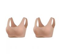2 Pack Women's Buttery Soft Silk Vest Bras Wireless Seamless T-shirt Bra Full Coverage Smooth Silky Bralette Tops(Beige+beige,L)