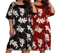 2 Pack Womens Nighties Plus Size Floral Faux Silk Short Sleeve Nightshirts Summer Nightdresses For Ladies Size 16-28 (UK, Alpha, 4XL, Regular, Regular, B-Black&Red)
