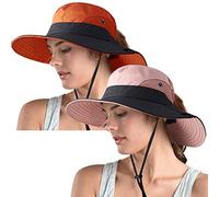 2 Pack Women's Ponytail Safari Sun Hat,Wide Brim UV Protection Outdoor Bucket Hat,Foldable Beach Summer Fishing Hat - blue - 6 3/4/ 6 7/8