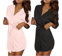 2 Pack Women's Satin Dressing Gown, Soft Silk Robe Lightweight Sleepwear for Bridal, Wedding Party Robes with Oblique V-Neck, Women Kimono Robes Satin Dressing Gown Nightwear Short Silk Bride