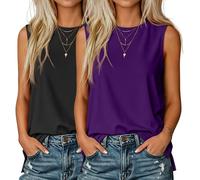 2 Pack Women's Sleeveless Tank Tops, Casual Loose Fit T Shirts Clothes Solid Color Tunic Crew Neck Summer Shirts Tee, Dark Purple, Black, S