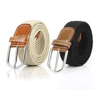 2 Pack Womens Stretch Braided Belt Canvas Casual Elastic Woven Ladies Belts for Jeans (Black & Beige)(Size: One size fit more)
