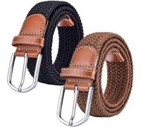 (2 Pack) Womens Stretch Canvas Braided Belt - Ladies Belts for Jeans, One Size, Brown & Black