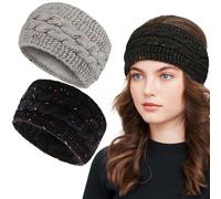 2 Pack Womens Winter Headbands, Fashion Fuzzy Fleece Lined Ear Warmer With Colored Dots, Thick Warm Crochet Hair Band, Cold Weather Warm Ear Muffs Soft Cable Knit Head Wrap, Gifts for Female
