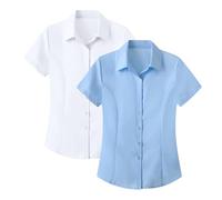 2 Pack Womens Work T-Shirt Professional Job Interview Clothes 2026 Trendy Summer Short Sleeve Plain Basic Fitted Button Down 4-Way Stretch Formal Smart Casual Business Office Wear Oxford Dress Shirts