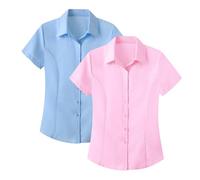 2 Pack Womens Work t-Shirt Professional Job Interview Shirts 2025 Trendy Summer Short Sleeve Plain Basic Fitted Button up Stretch Smart Casual Business Office wear Oxford Dress Shirts
