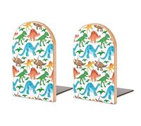 2 Pack Wood Bookends, Cute Dinosaurs Dino Animal Non-Skid Book Ends for Heave Books, Decorative Bookends for Shelves Desk, Book Stoppers Book Holders for Home Office Library