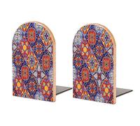 2 Pack Wood Bookends, Mexican Talavera Tile Mandala Non-Skid Book Ends for Heave Books, Decorative Bookends for Shelves Desk, Book Stoppers Book Holders for Home Office Library School