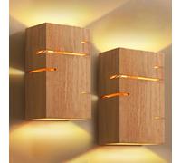 2 Pack Wood Wall Lights Indoor, E27 Vintage Wall Lamp 10W Warm White | Solid Wooden Up and Down Wall Wash Lights, Ambient Decor Wall Lights for Living Room Bedrooms Hallway Stairs, Bulb Included