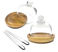 2 Pack Wooden Base Mini Cake Display Stand with Glass Dome,Cloche Clear Glass Bell Jar Cover for Dessert Cheese Candy Plants Succulents (4.1 x 3.7 Inch)