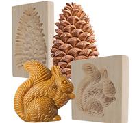 2 Pack Wooden Cookie Cutters for Kitchen Baking, 3D Squirrel and Pine Cone Biscuit Embossing Mould 3D Carved Gingerbread Cookie Stamps for Christmas Thanksgiving Halloween Easter