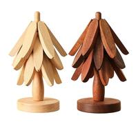 2 Pack Wooden Tree Trivet Set, Stackable Heat Resistant Trivets for Hot Pans, Natural Bamboo Placemats with Storage Base, Non-Slip Tree Coasters for Kitchen Bowls