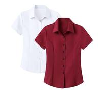 2 Pack Work Shirts for Women UK Plus Size Summer Short Sleeve 4-Way Stretch Button Up Wrinkle Free Oxford Dress Shirts Business Casual Office Wear Professional Job Interview Clothes