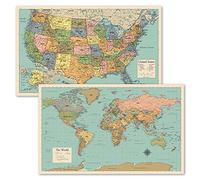 2 Pack - World Map Poster & USA Map Chart [Tan/Color] (Laminated, 18” x 29”)
