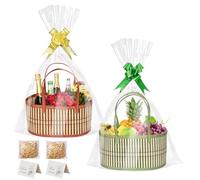 2-Pack Woven Bamboo Gift Basket Set, with 2 Bags, Bows, Cards & Fill, Easter Christmas Birthday Housewarming Hamper, Home Storage & Decor Organiser (Brown & Green)